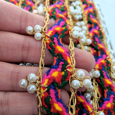 Multicoloured Wool Woven Trim With Gold Piping and Off White Pearl Beads, Approx. 40mm Wide - 010518L6